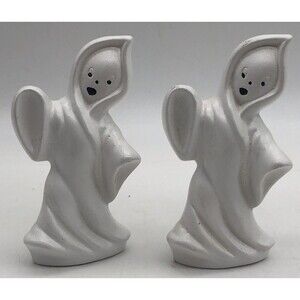 2- Handmade Ceramic Pottery Mold Halloween White Ghost Spooky Figurine 5" 1976